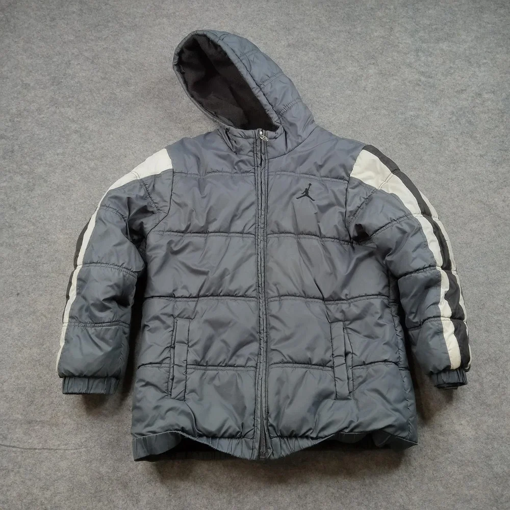 Jordan Jacket Boys Medium 10-12 Yrs Gray Hooded Puffer Coat‎ Stripe Sleeve Logo